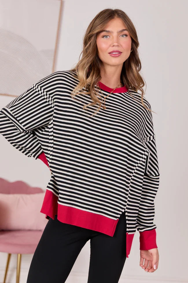 Kara Black And White Stripe Waffle Pullover
