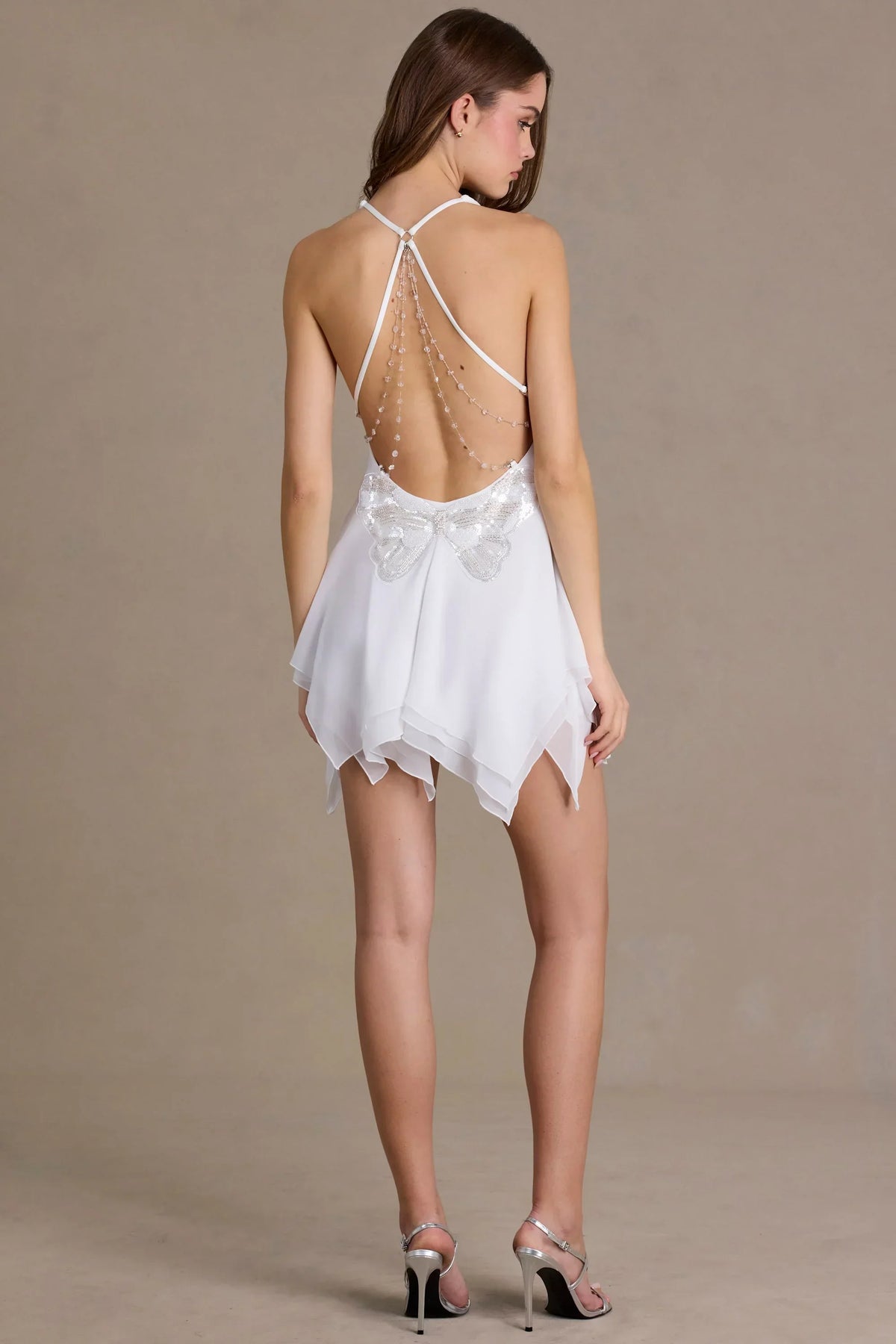 Chiffon Plunge Neck Open Back Mini Dress in Snow