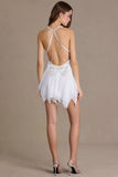 Chiffon Plunge Neck Open Back Mini Dress in Snow