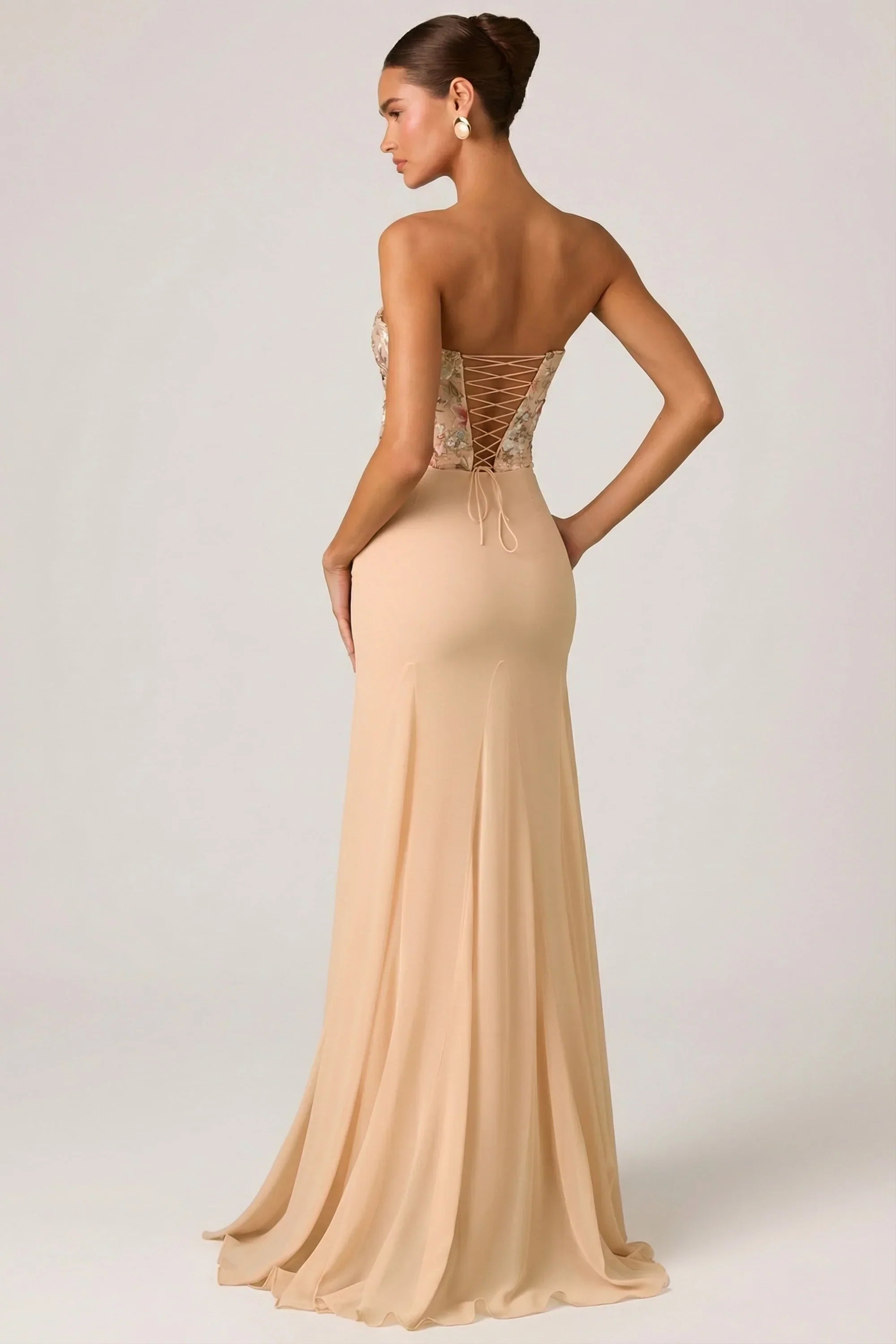 Embellished Corset Fishtail Gown in Floral Beige
