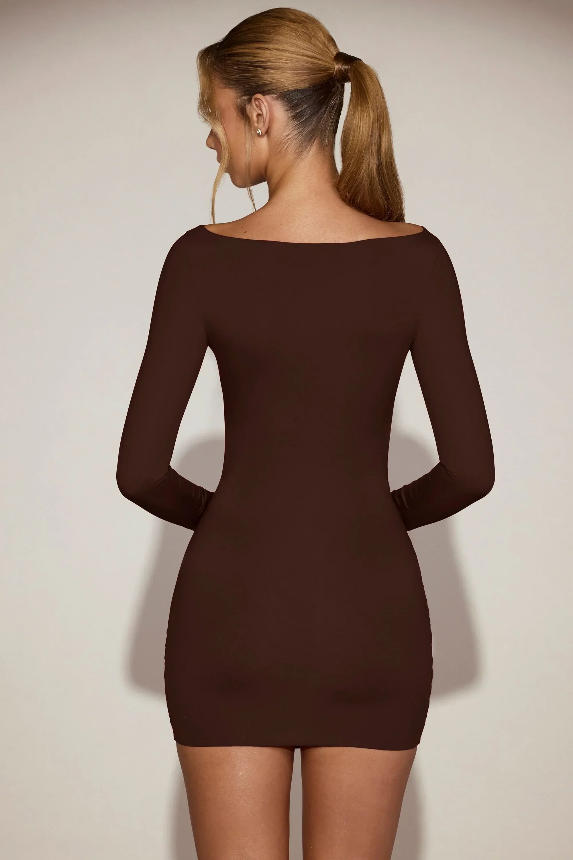 Soft Jersey Boat Neck Draped Mini Dress in Chocolate Brown