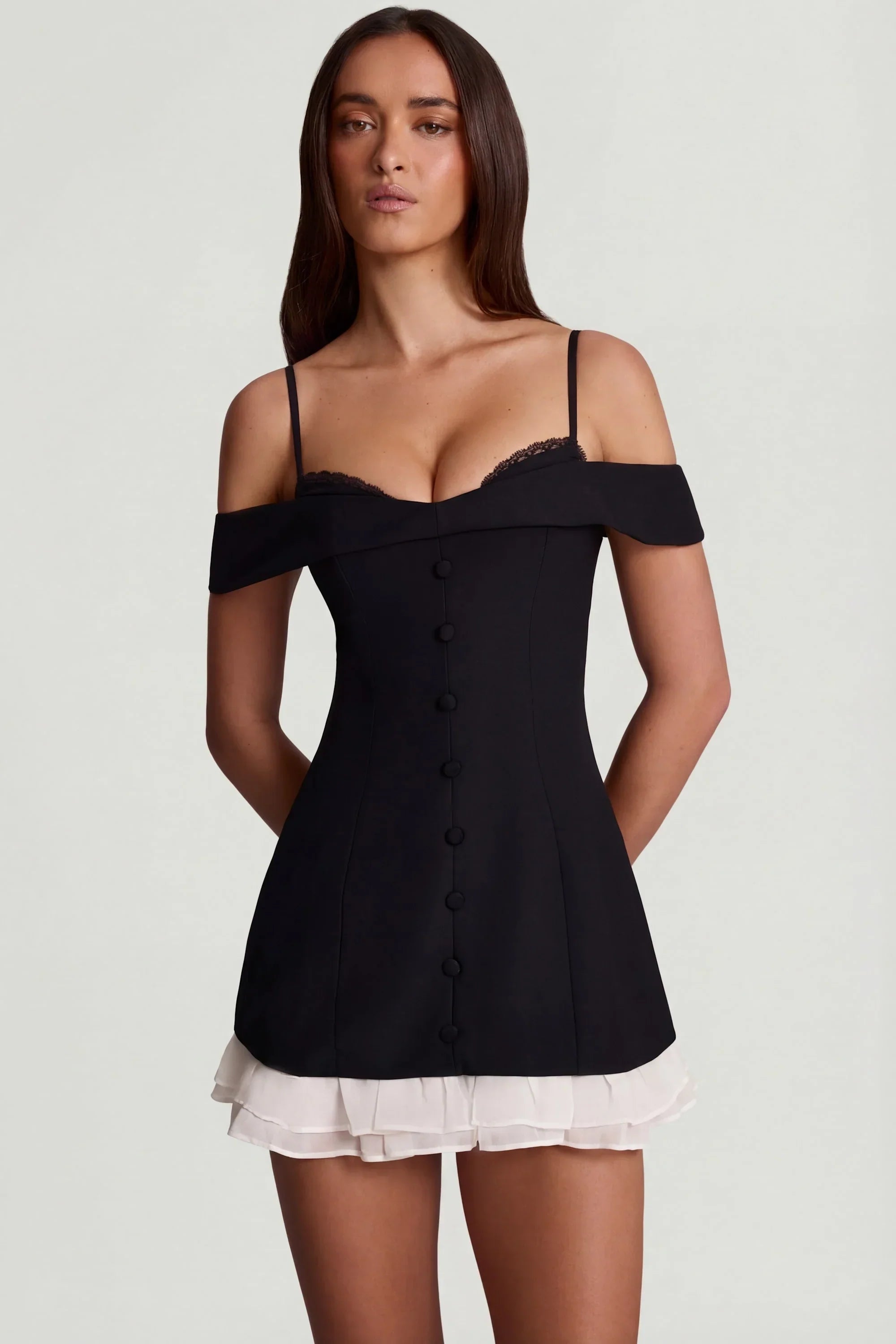Off Shoulder Ruffle A Line Mini Dress in Black