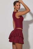 Layered Pleated Low Rise Mini Skirt in Wine Red