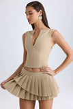 Layered Pleated Low Rise Mini Skirt in Camel