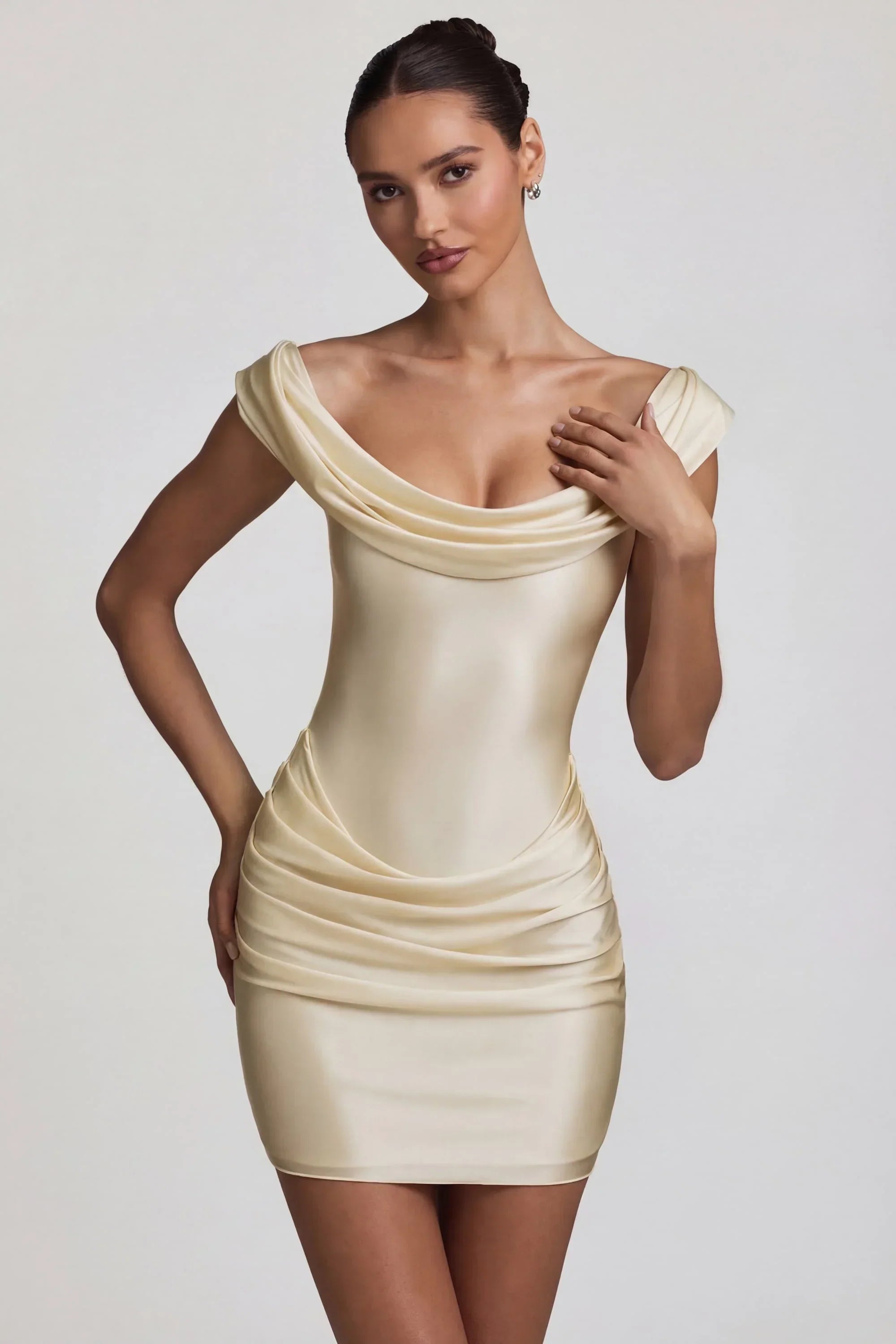 Satin Off Shoulder Draped Mini Dress in Ivory