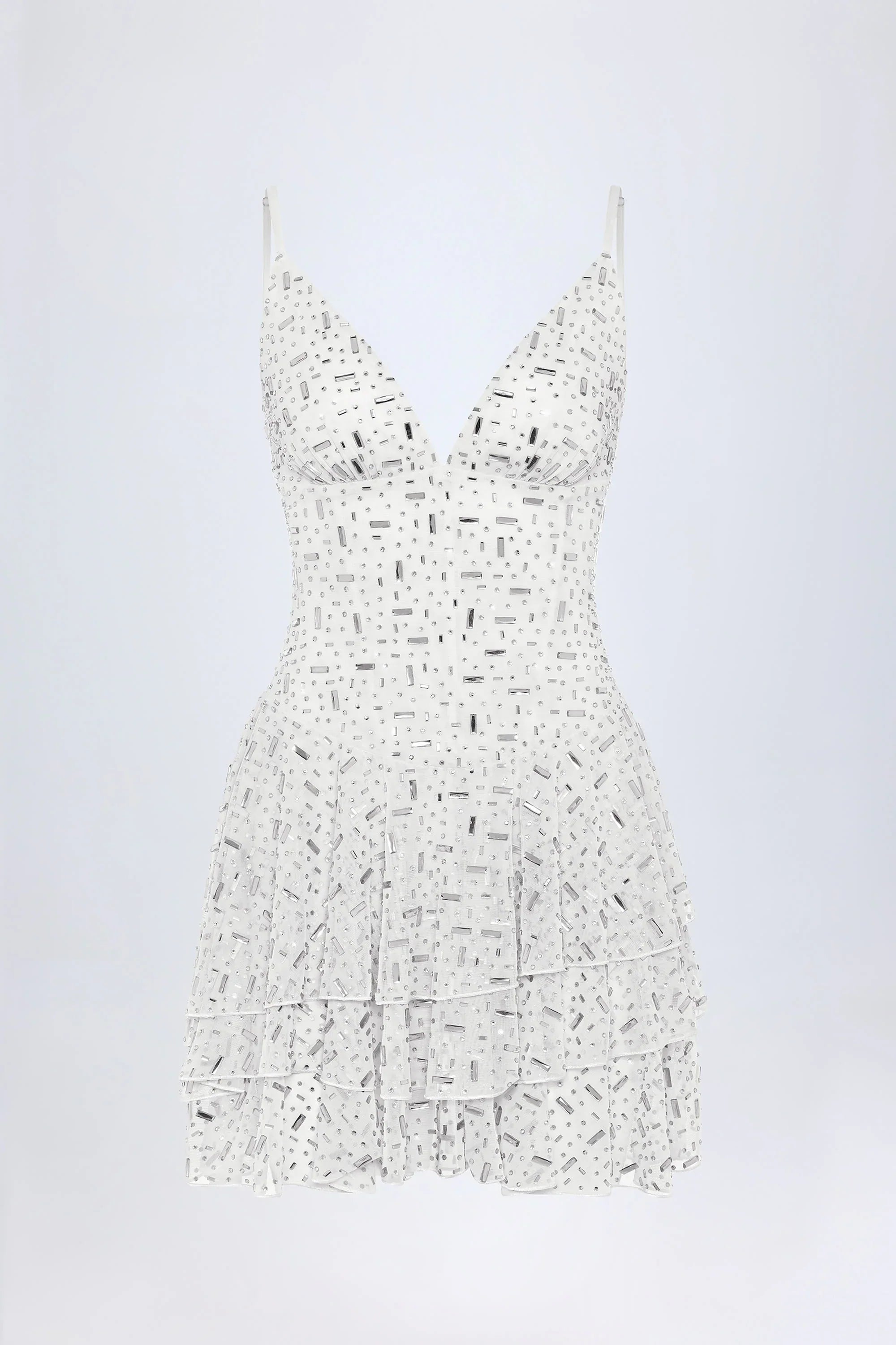 Embellished Ruffled Tiered Mini Dress in White