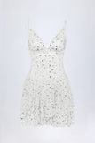 Embellished Ruffled Tiered Mini Dress in White