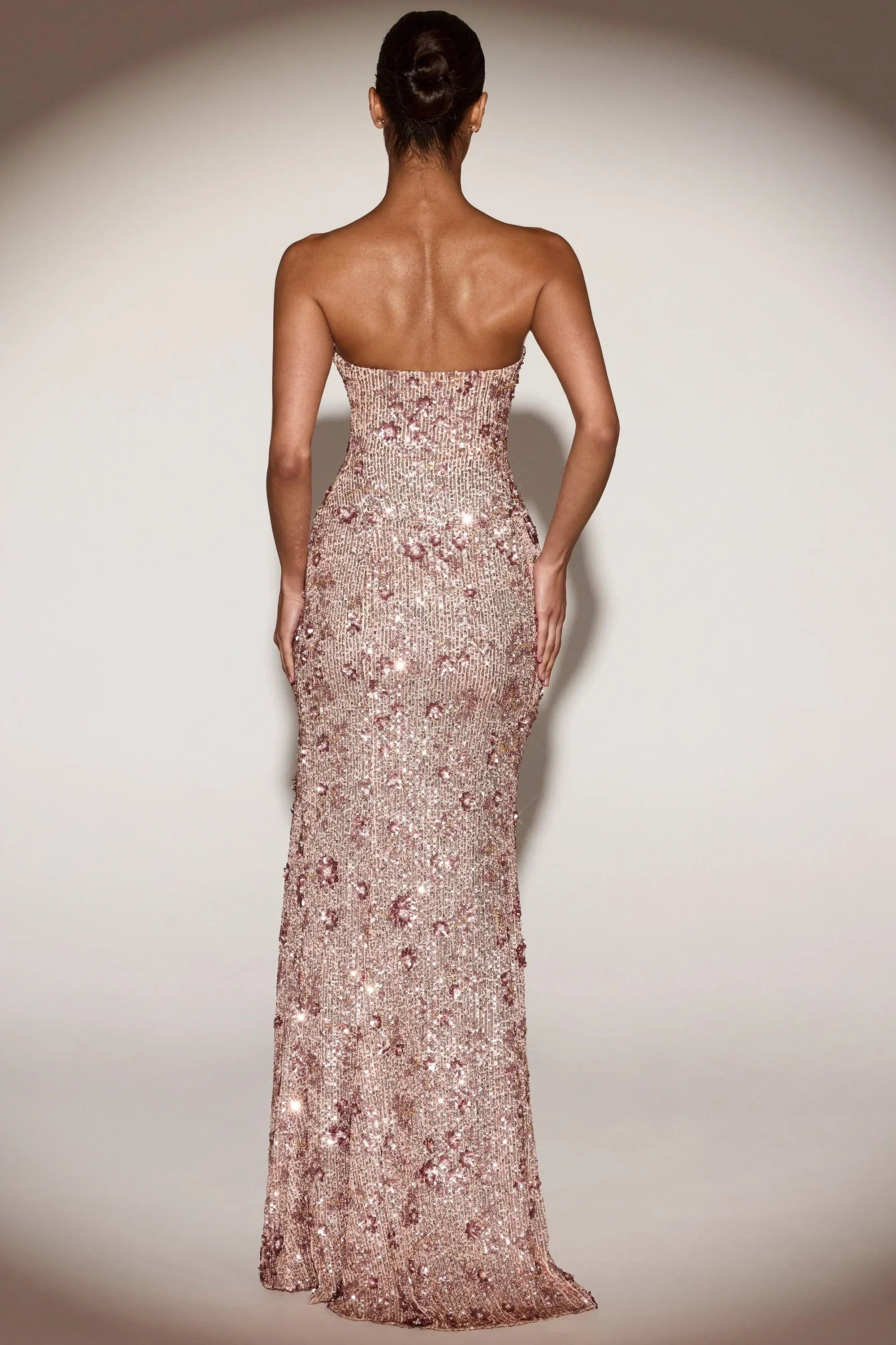 Embellished Bandeau Neck Strapless Gown in Rose Gold