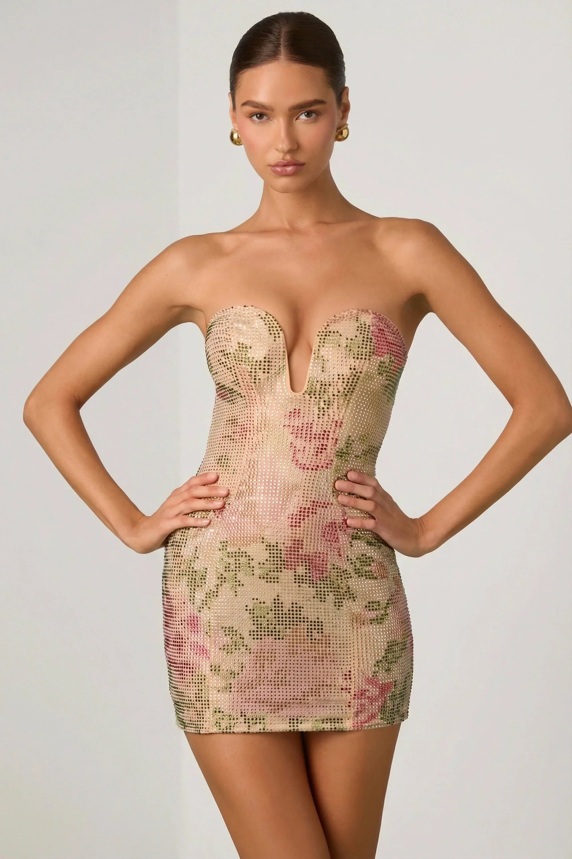 Embellished Sweetheart Neck A Line Mini Dress in Rose Hotfix