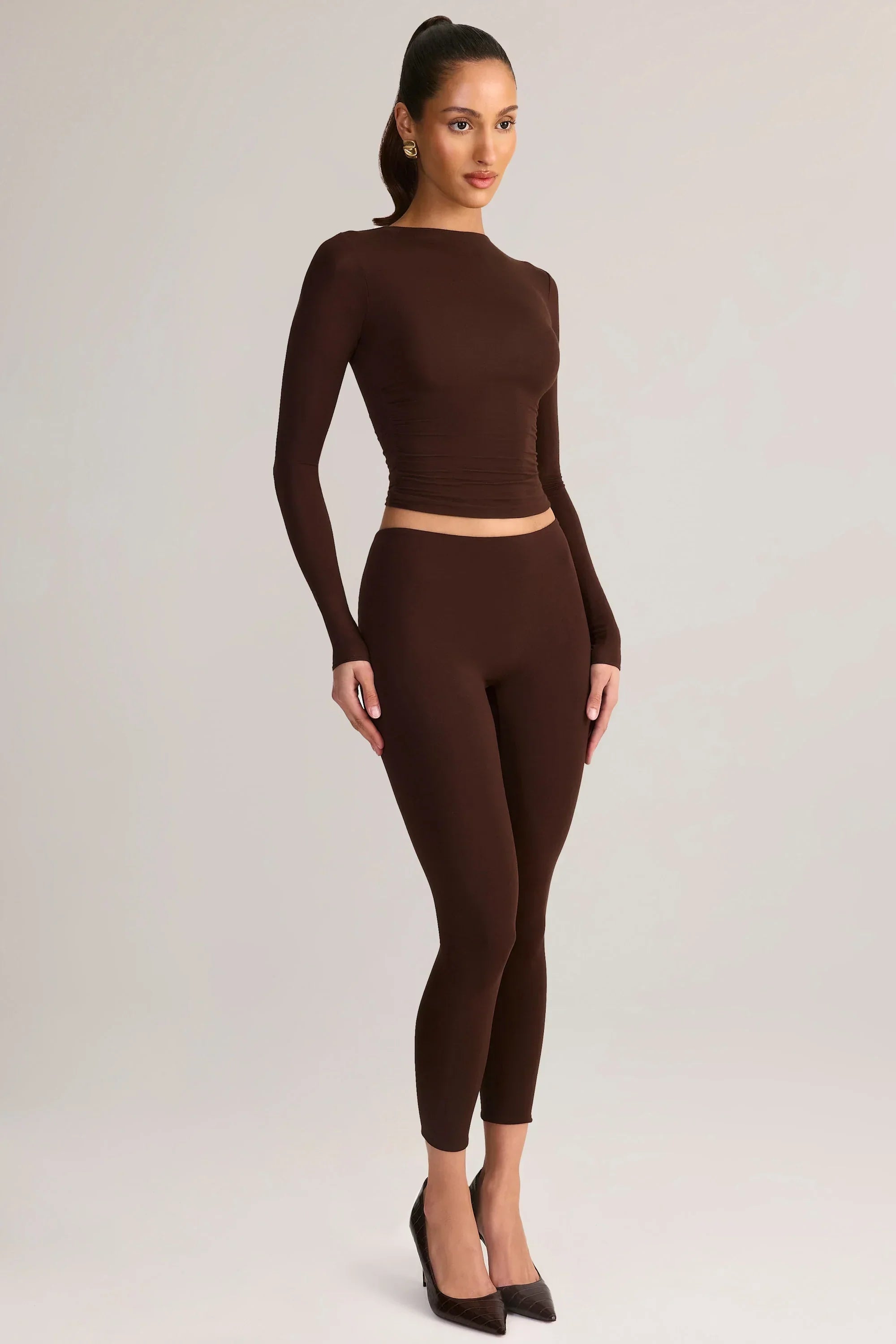 Modal Mid Rise Cropped Leggings in Chocolate Brown