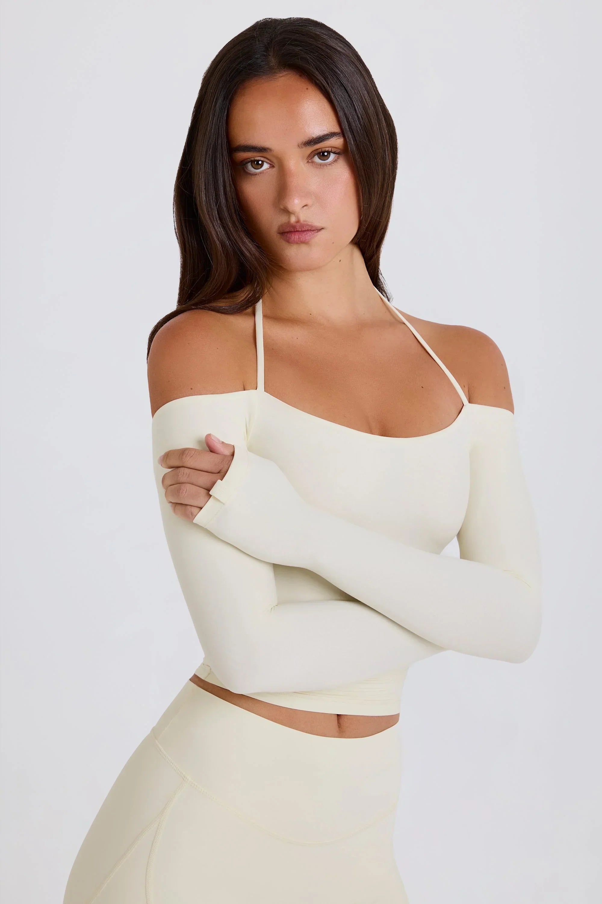 Soft Jersey Off Shoulder Halterneck Longline Top in Cream