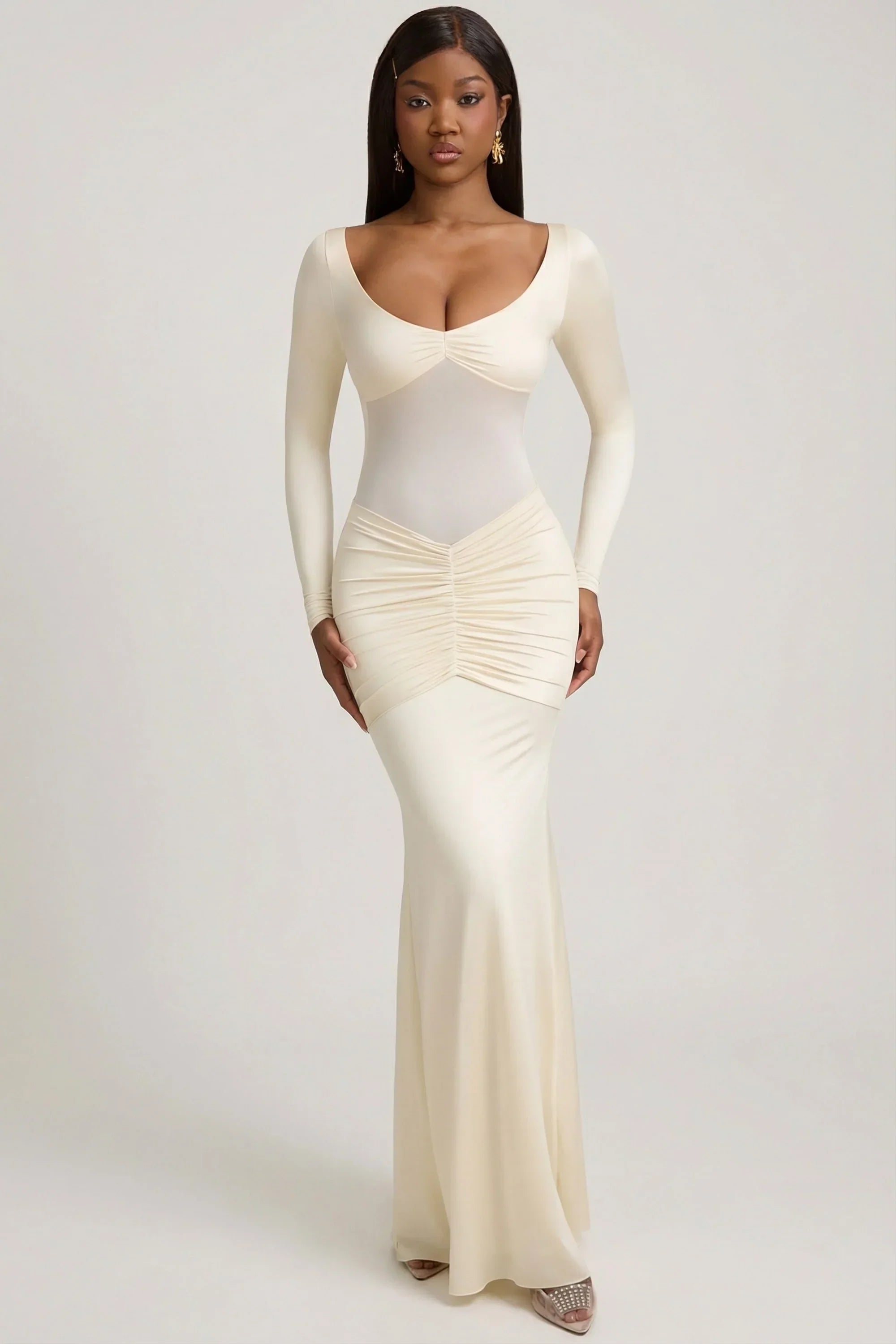 Bow Detail Ruched Maxi Dress in Ivory