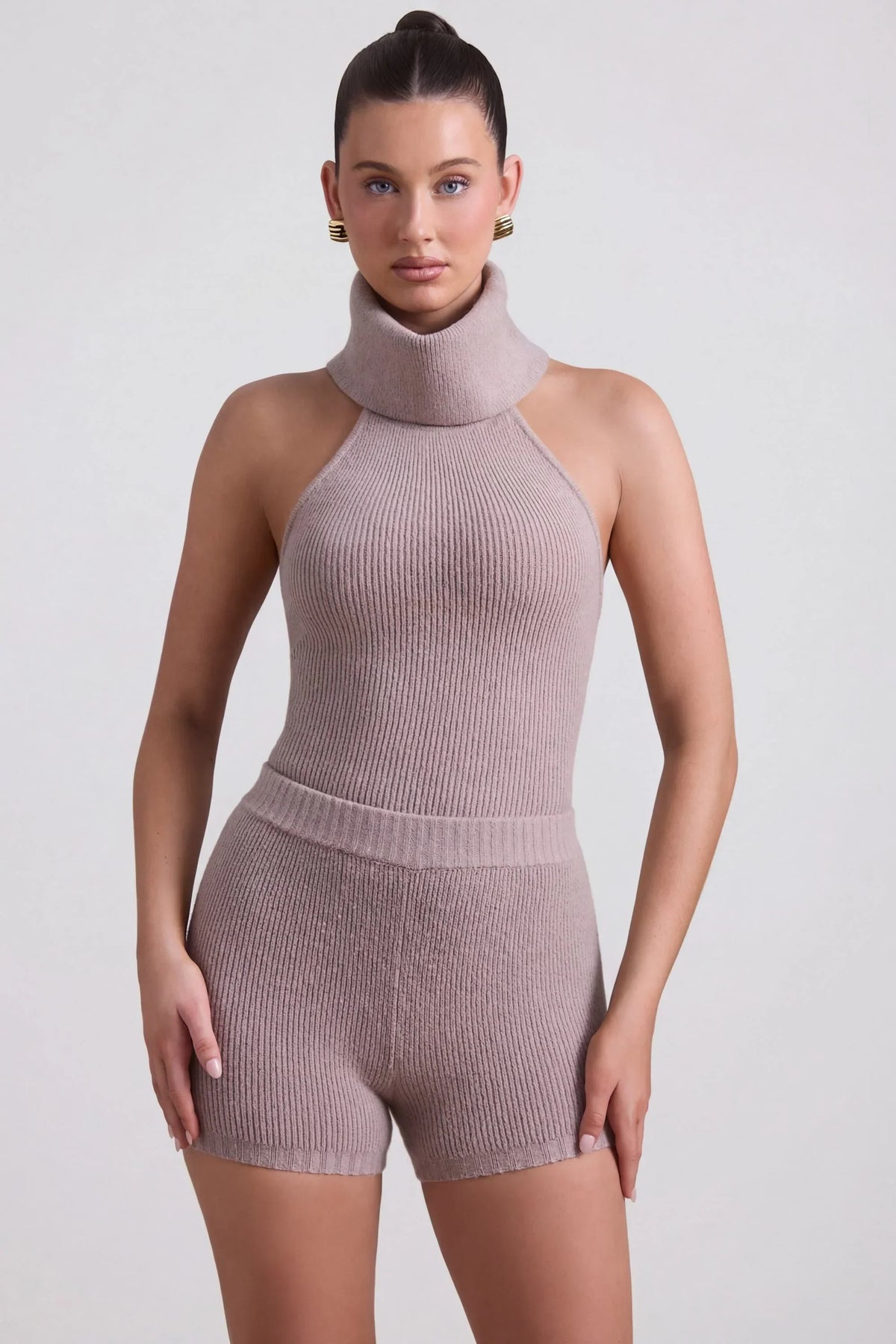 Ribbed Knit Turtleneck Backless Top in Taupe