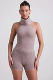 Ribbed Knit Turtleneck Backless Top in Taupe
