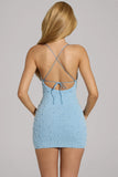 Embellished Cowl Neck Mini Dress in Blue