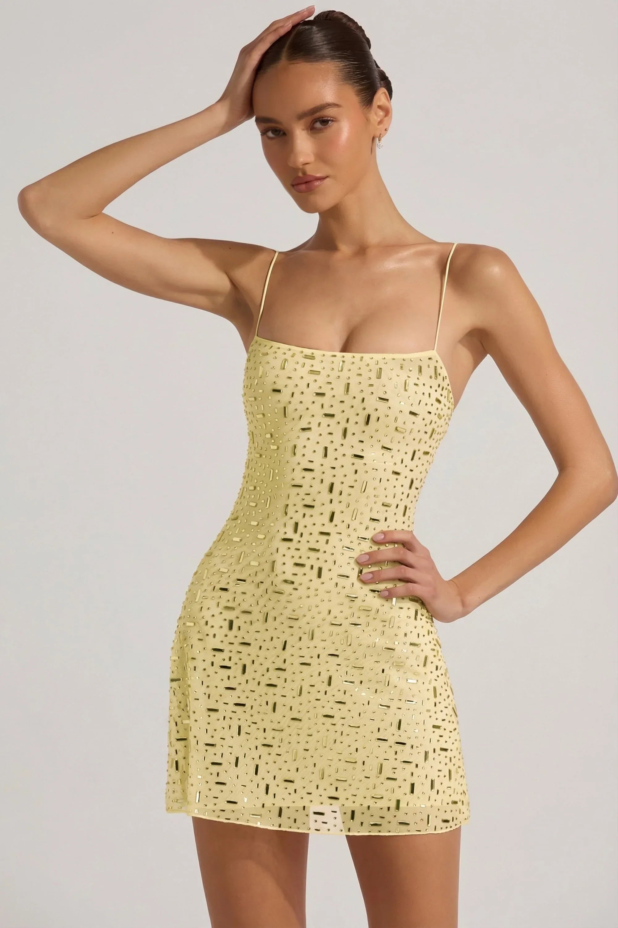 Sheer Embellished Square Neck Mini Dress in Yellow