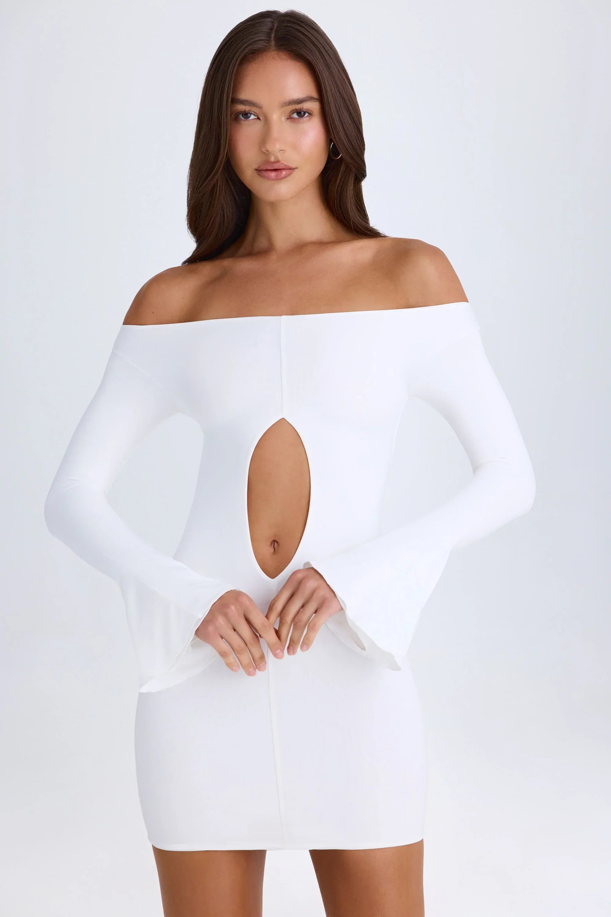 Off Shoulder Cut Out Mini Dress in White
