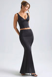 Mid Rise Fishtail Maxi Skirt in Black