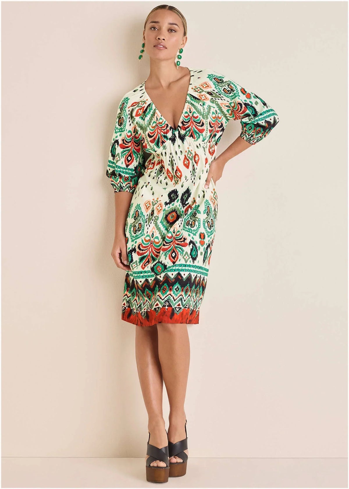 V Neck Midi Dress Seti Olive Ikat