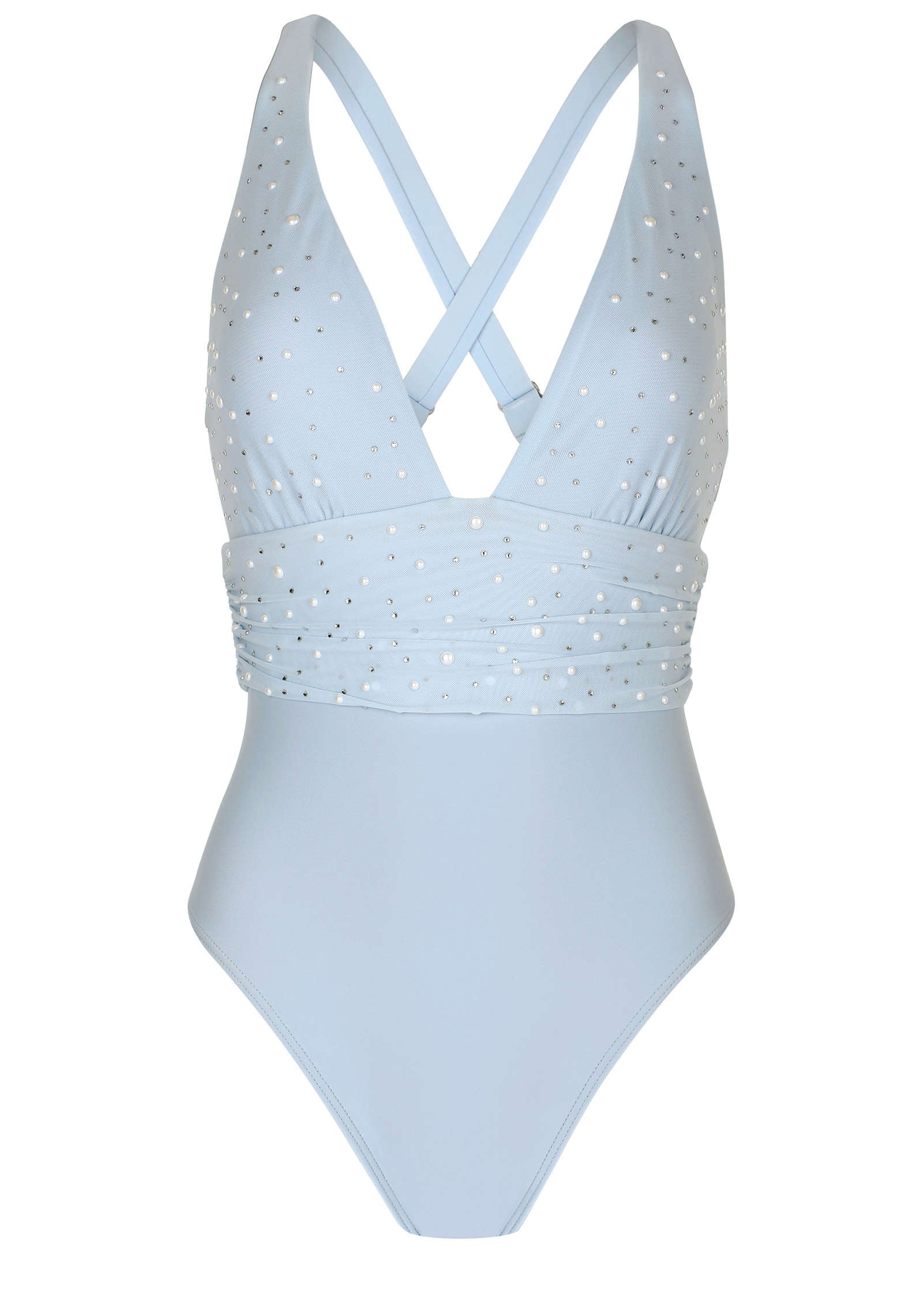 Embellished Plunge Swimsuit Light Blue