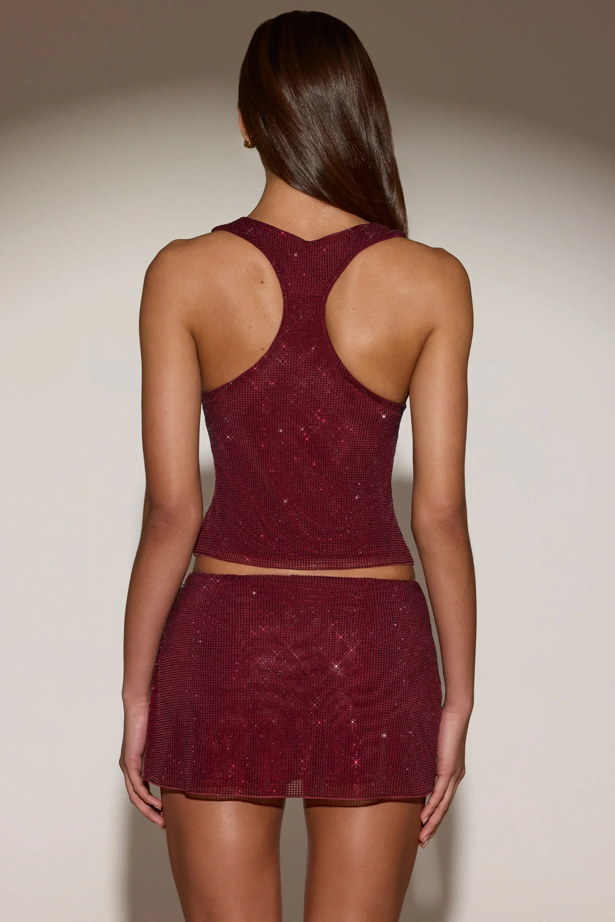 Embellished Jersey Scoop Neck Racerback Top in Burgundy