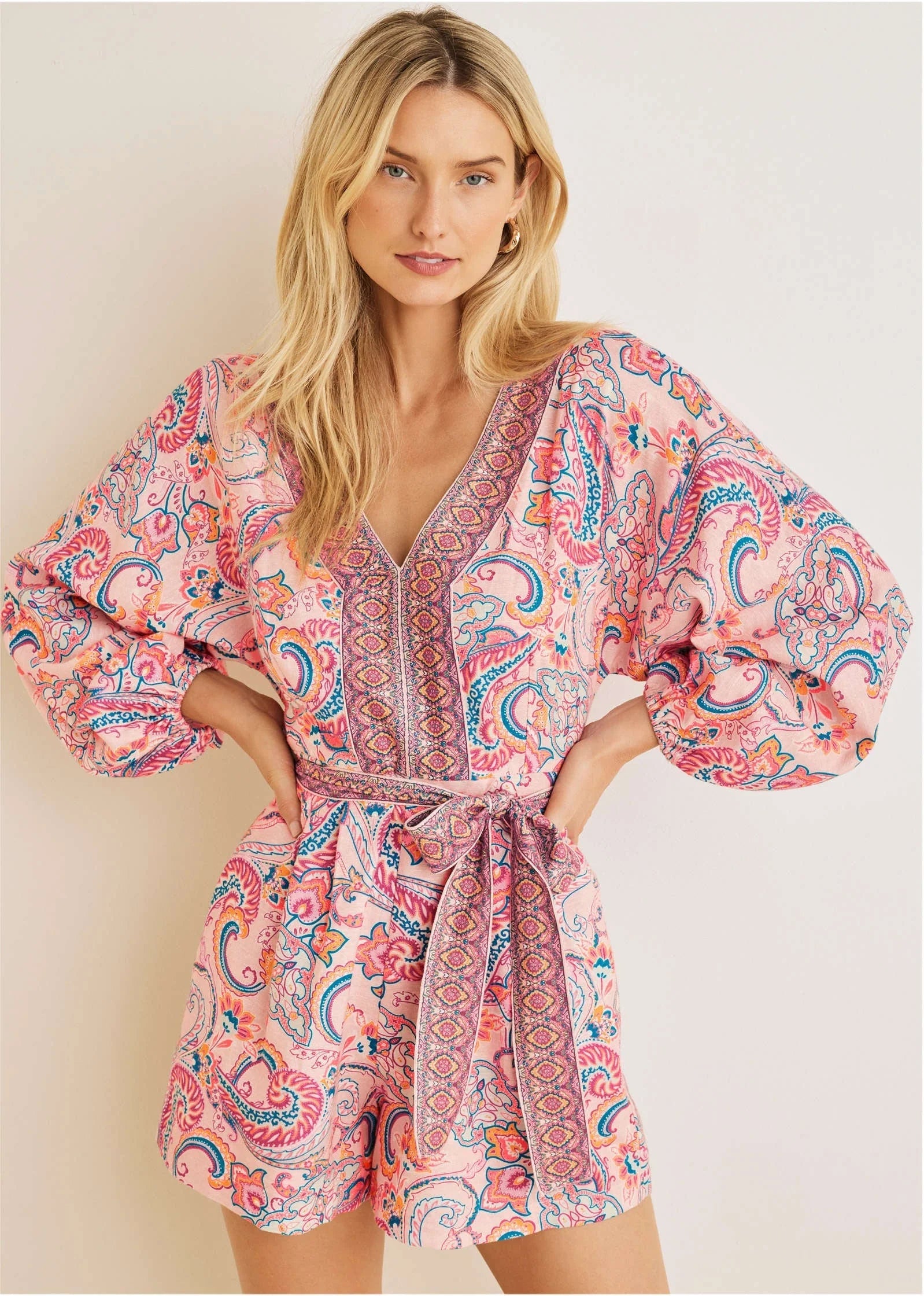 Linen Tie Waist Romper Venetian Paisley