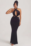 Velvet Halter Neck Maxi Dress in Jet Black