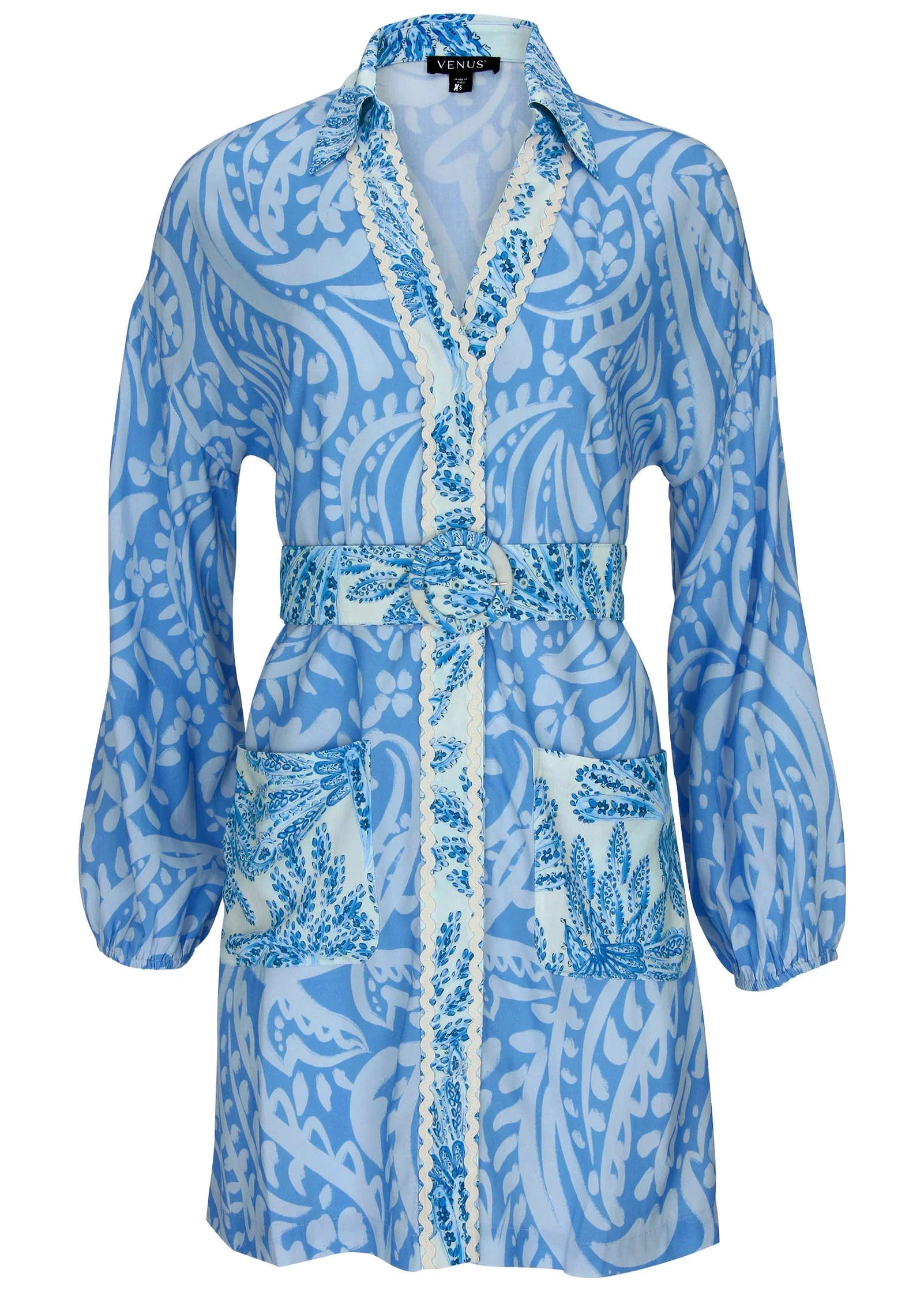 Belted Mini Shirt Dress Blue Allover Spring Paisley