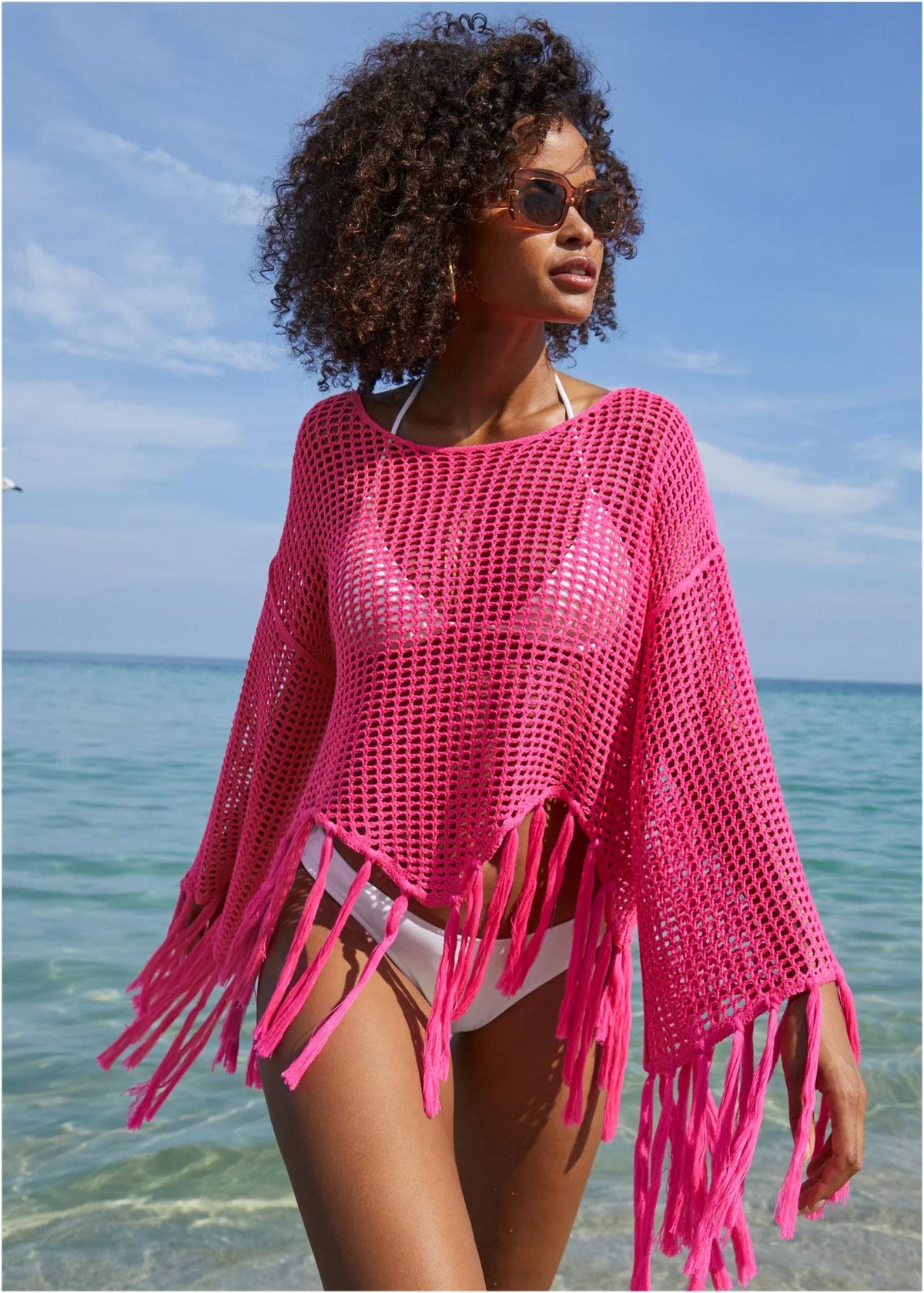 Fringe Crochet Cover Up Hot Pink