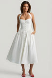 Button Detail Halterneck Midaxi Dress in White