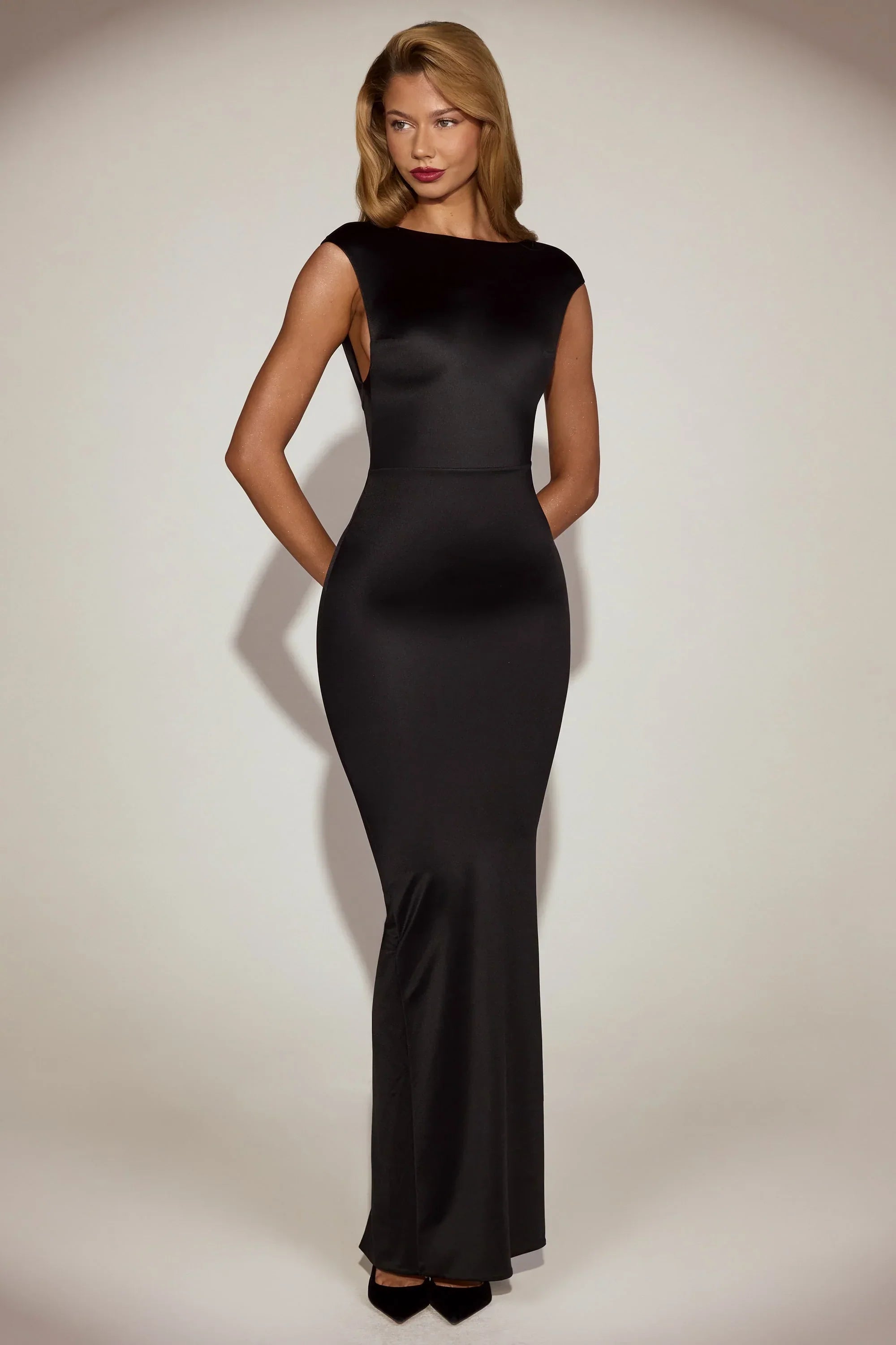 Satin Boat Neck Twist Back Maxi Dress in Black