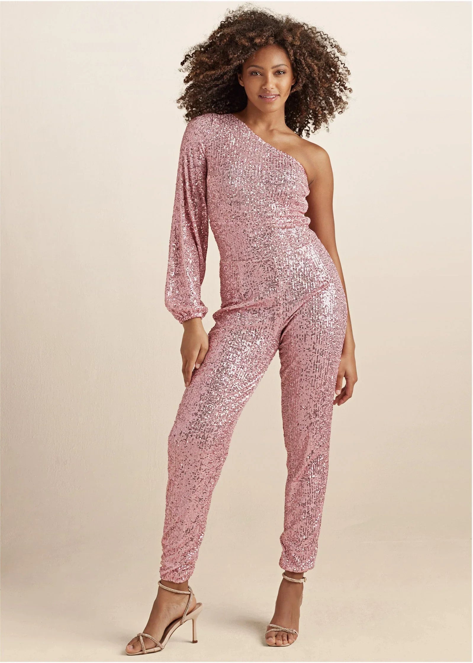 Sequin One Shoulder Jumpsuit Peach
