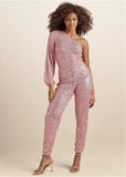 Sequin One Shoulder Jumpsuit Peach