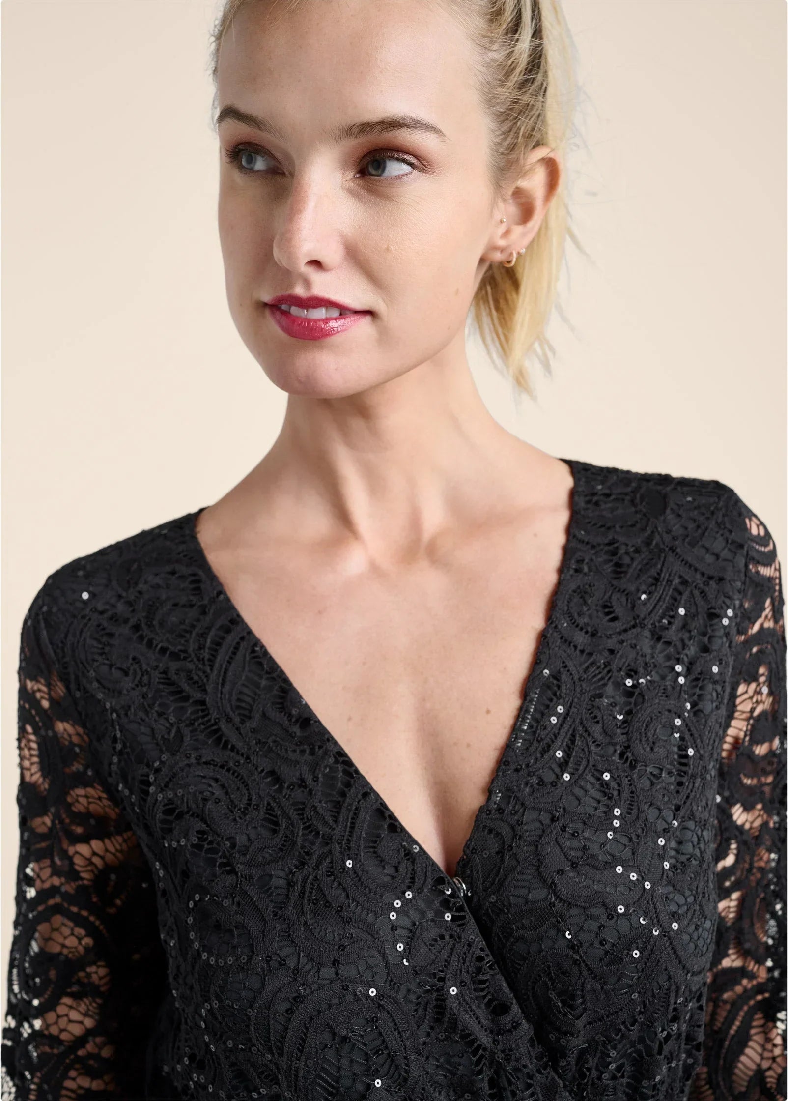 Sequin Lace Open Back Romper Black