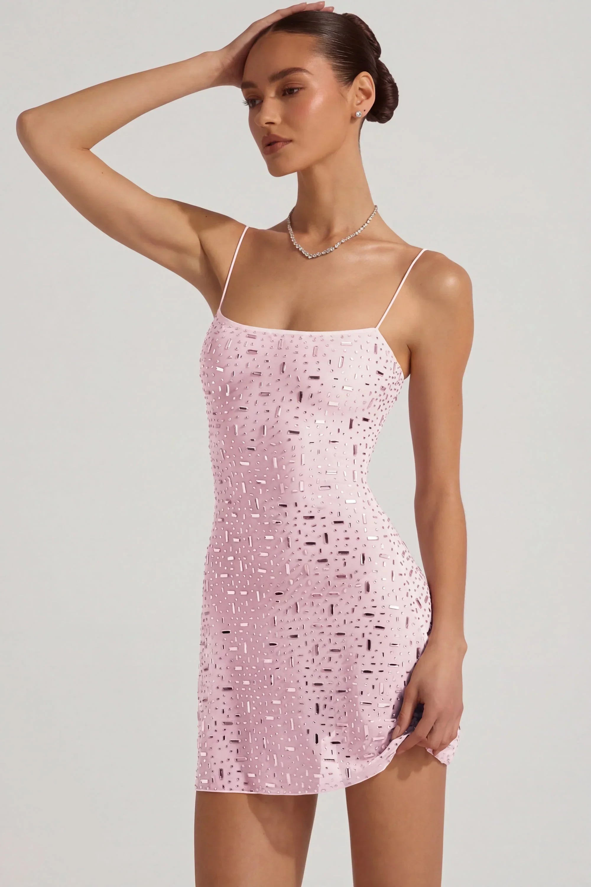 Sheer Embellished Square Neck Mini Dress in Pink