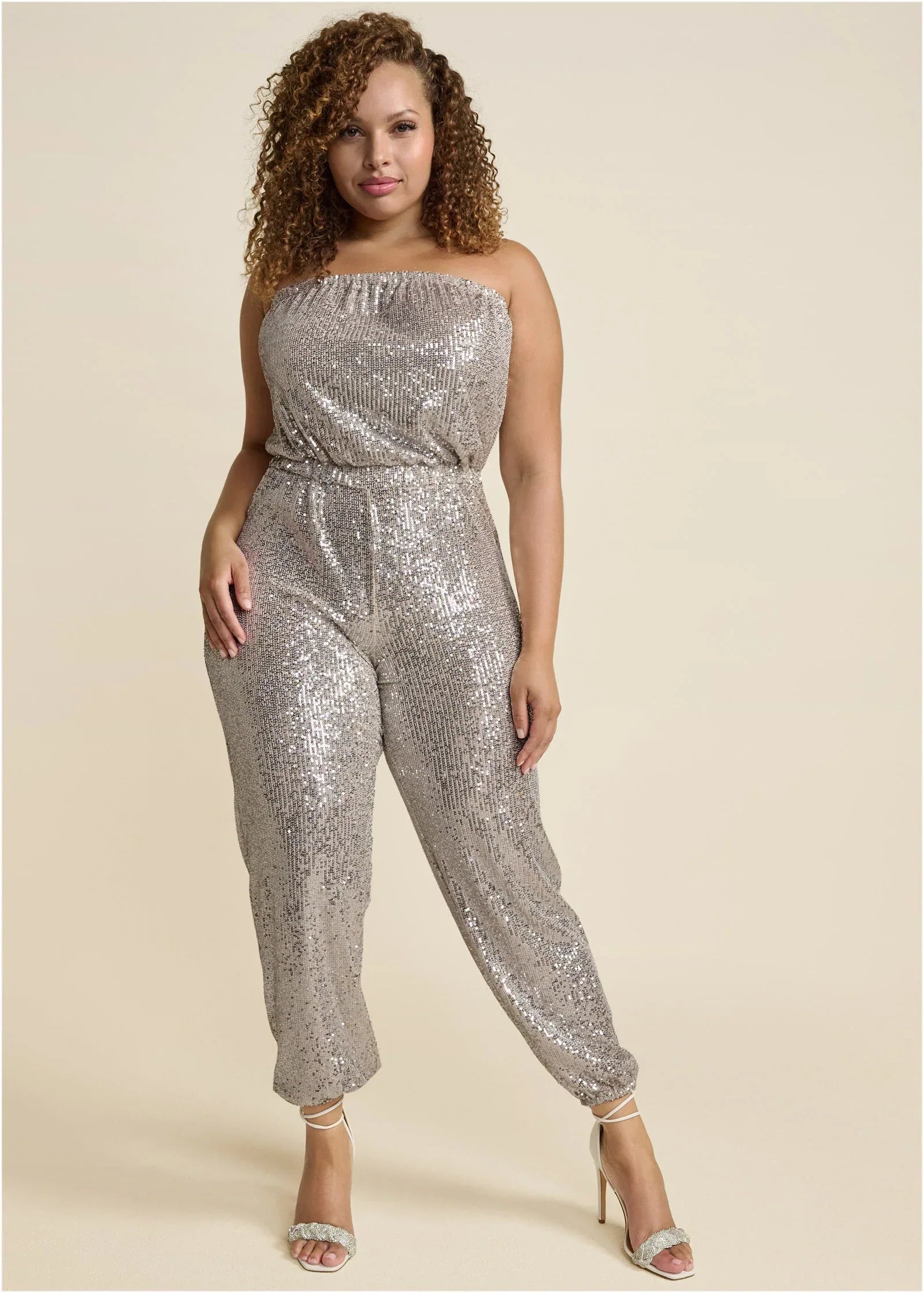 Strapless Sequin Jumpsuit Champagne