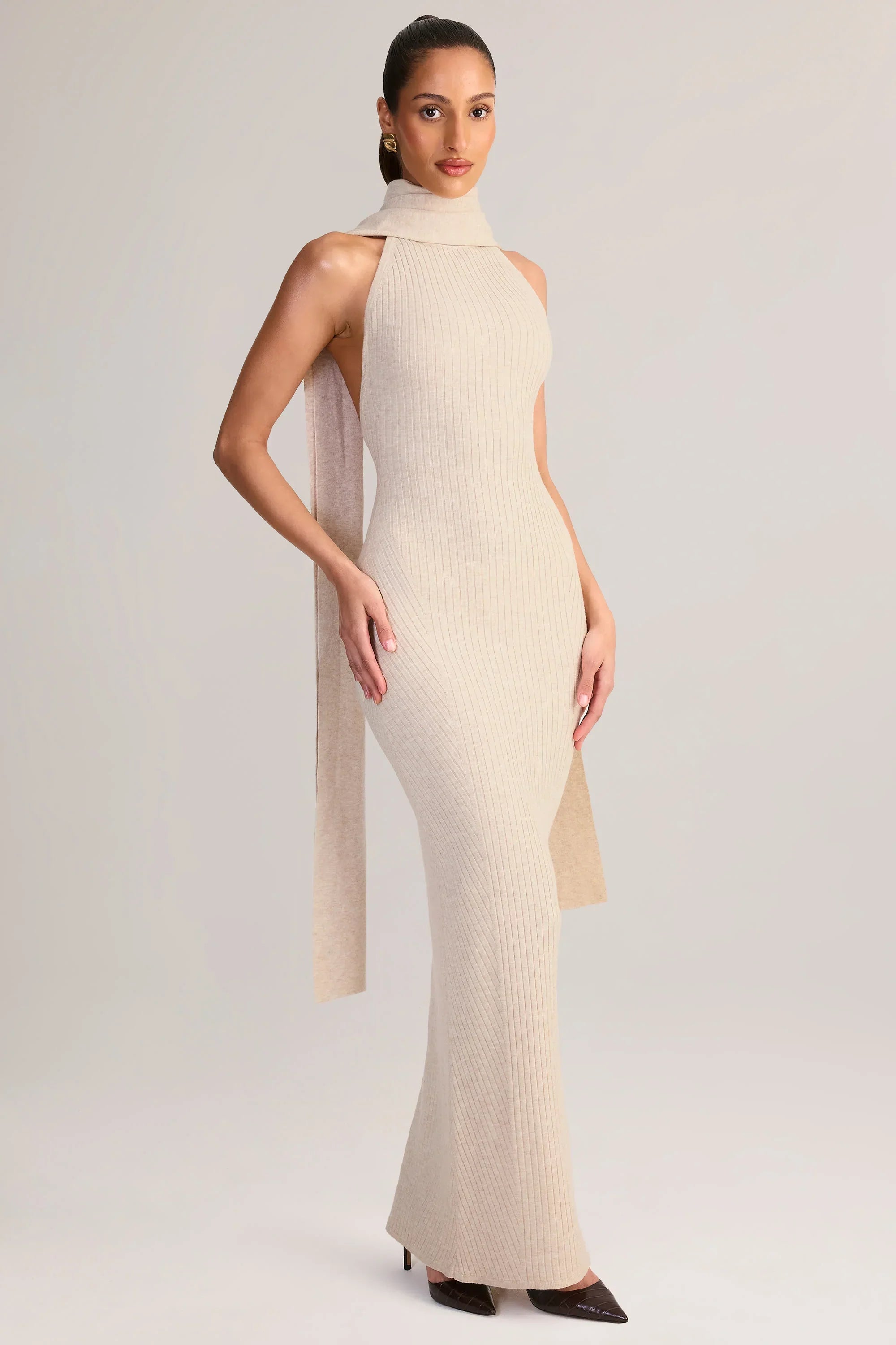 Rib Knit Scarf Detail Halterneck Maxi Dress in Cream