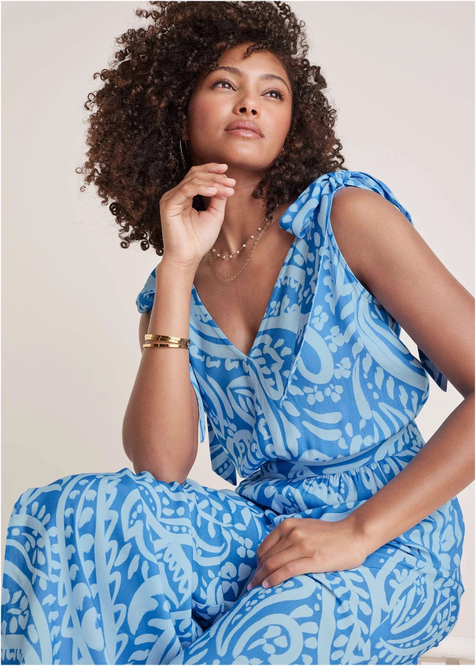 Tie Strap Wide Leg Jumpsuit Blue Allover Spring Paisley