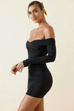 Off Shoulder Ruched Bodycon Mini Dress in Black