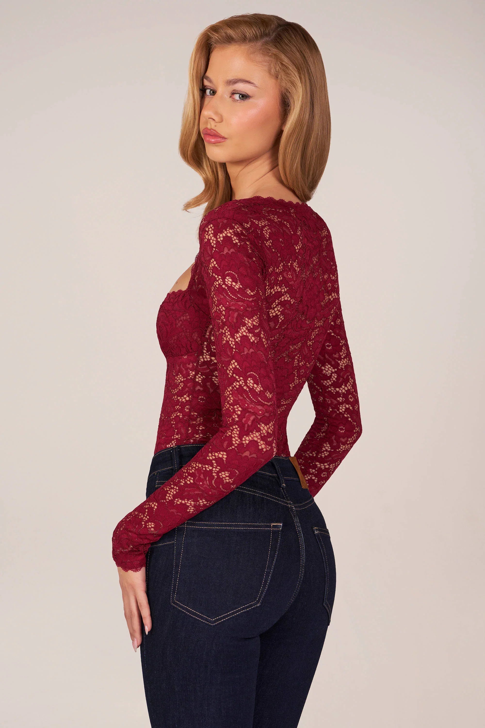 Long Sleeve Laced Bodysuit in Wine