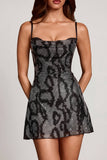 Embellished Cowl Neck A line Mini Dress in Silver Snake