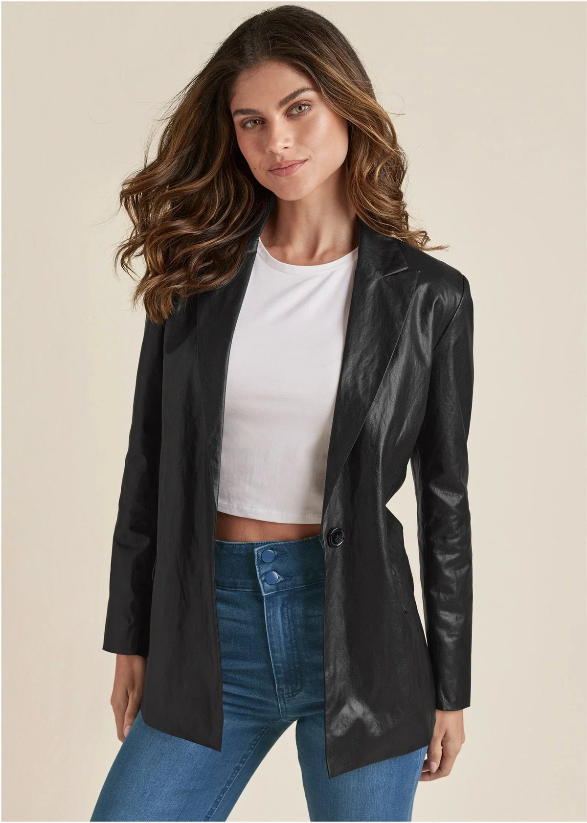 Faux Leather Blazer Jet Black