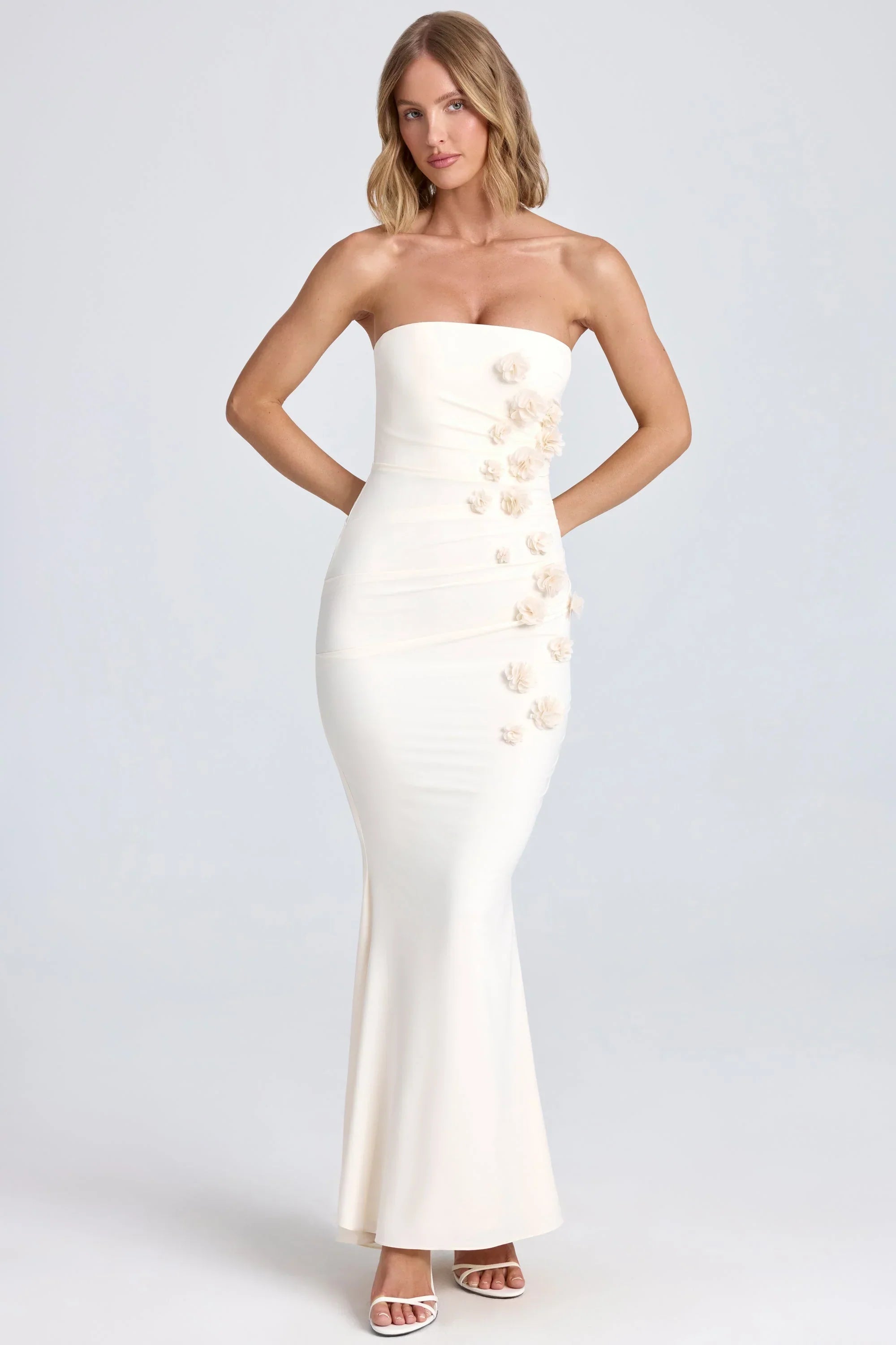 Draped Floral Appliqué Maxi Dress in Ivory