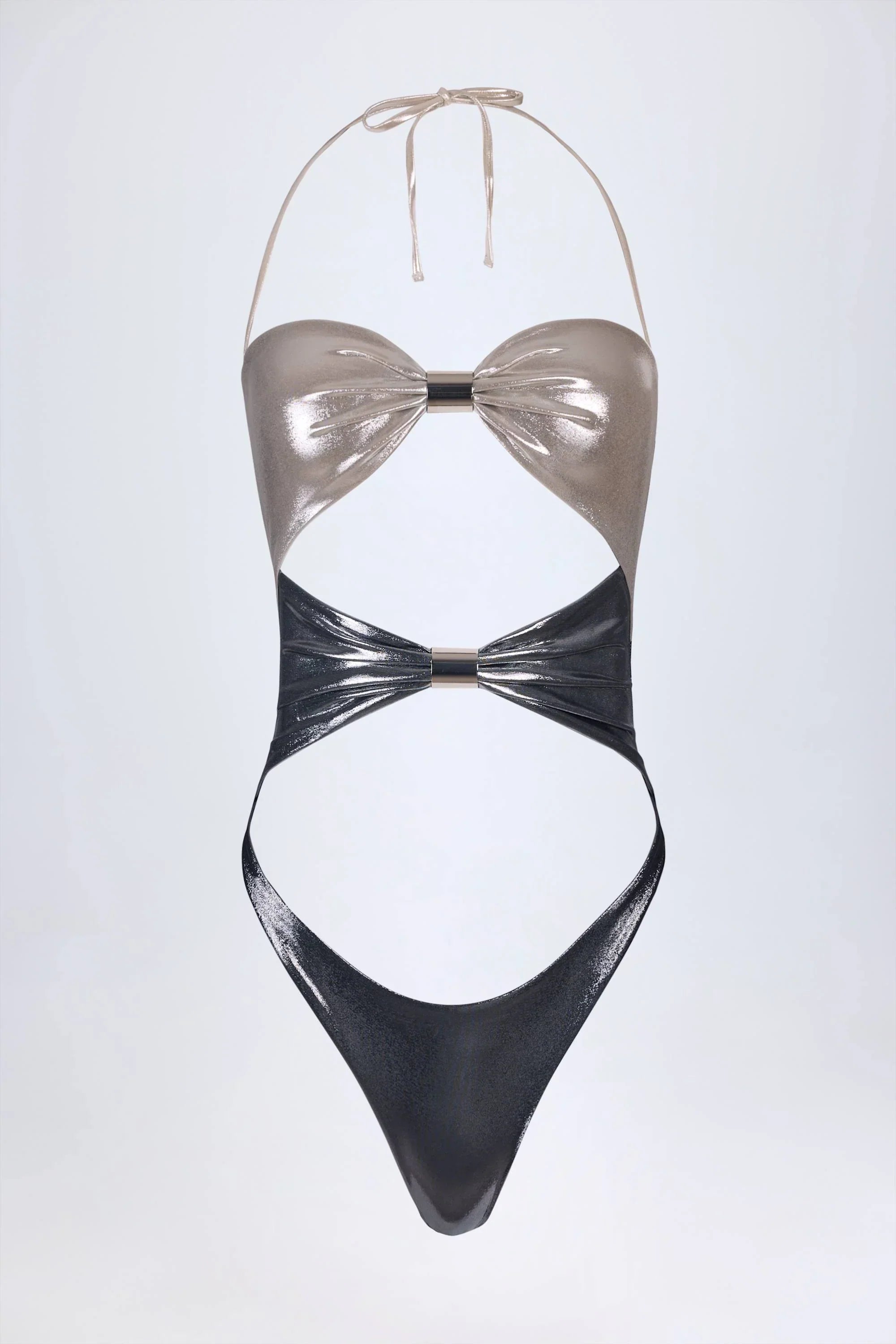 Panelled Cut out Swimsuit in Silver Chrome