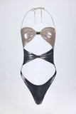 Panelled Cut out Swimsuit in Silver Chrome