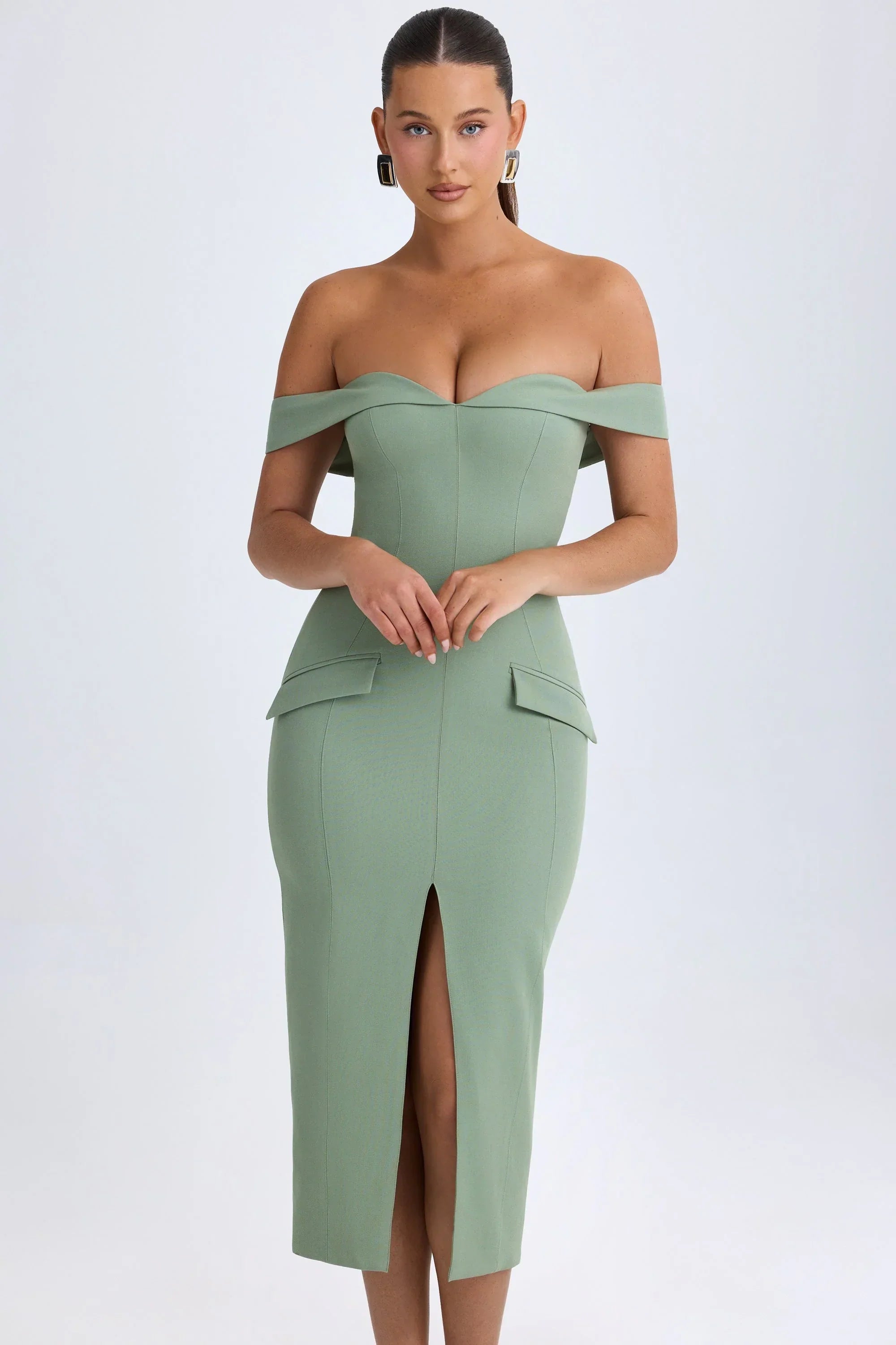 Off Shoulder Midaxi Dress in Khaki Green