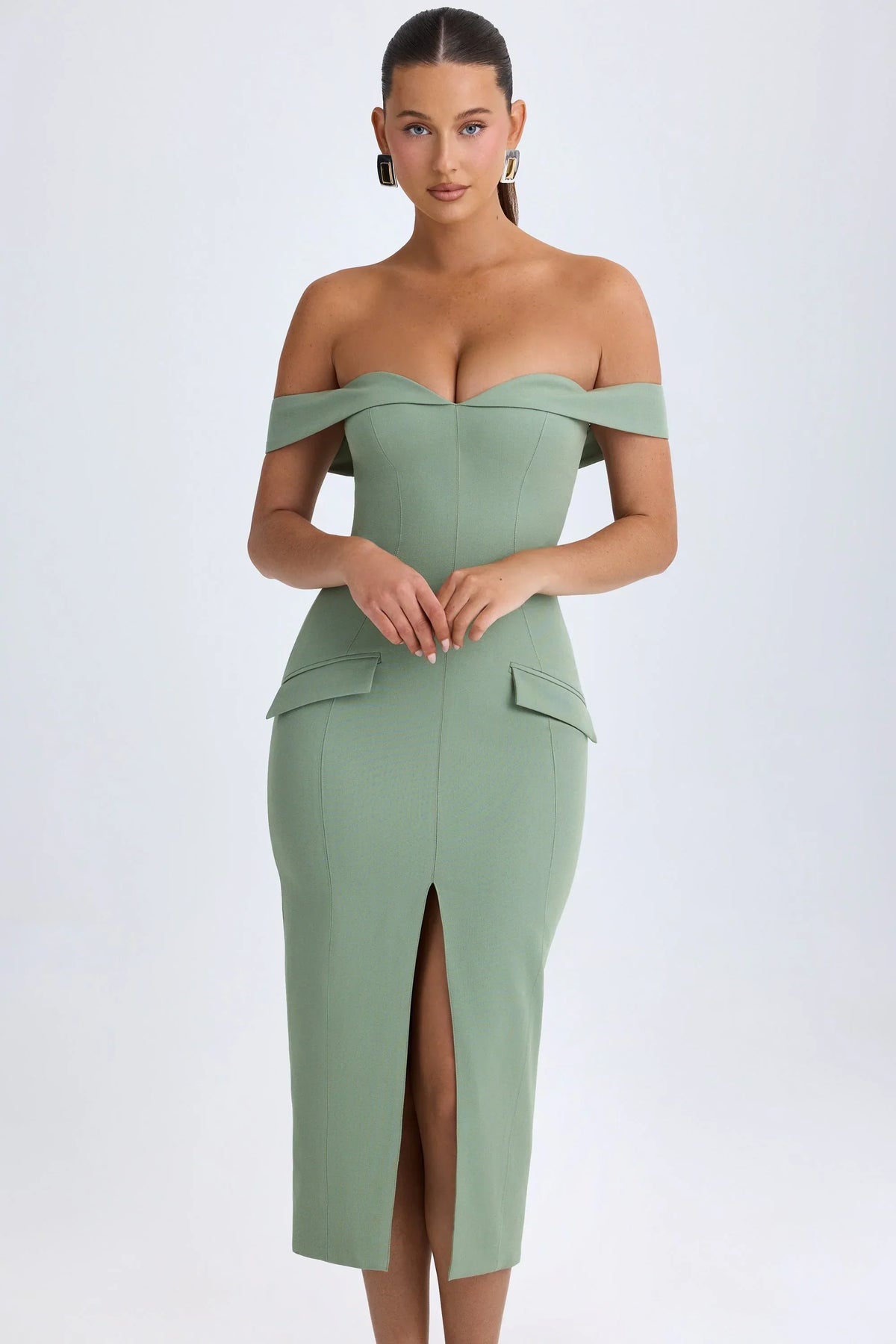 Off Shoulder Midaxi Dress in Khaki Green