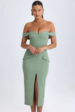 Off Shoulder Midaxi Dress in Khaki Green