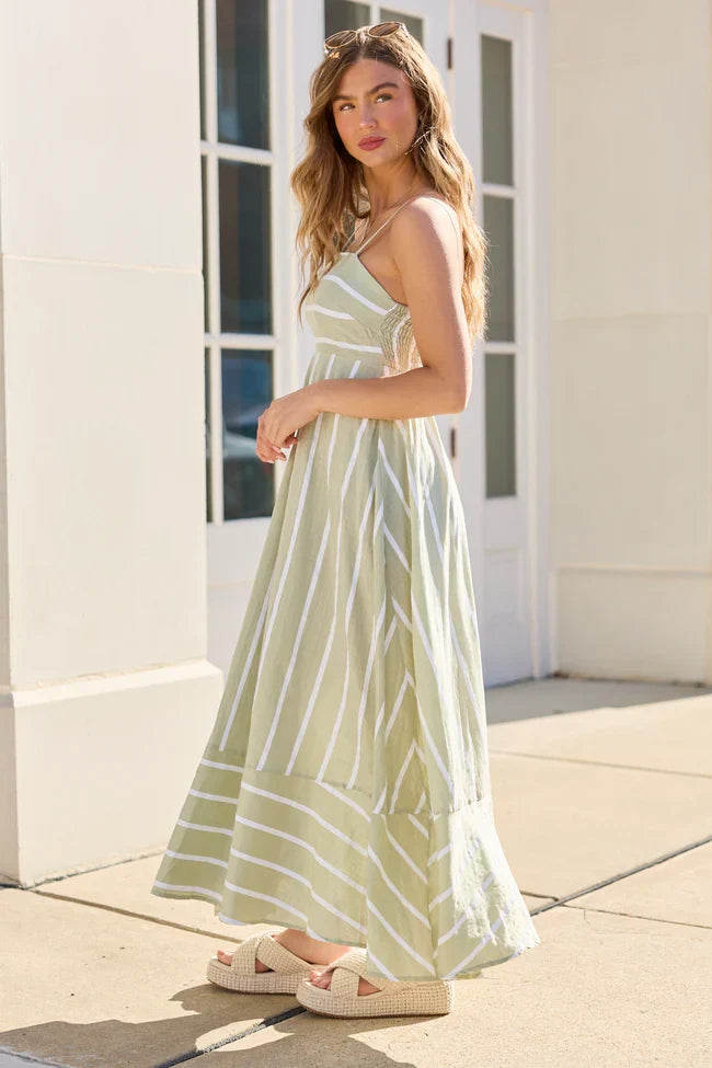 Come Sail Away Sage Striped Maxi Dress SALE