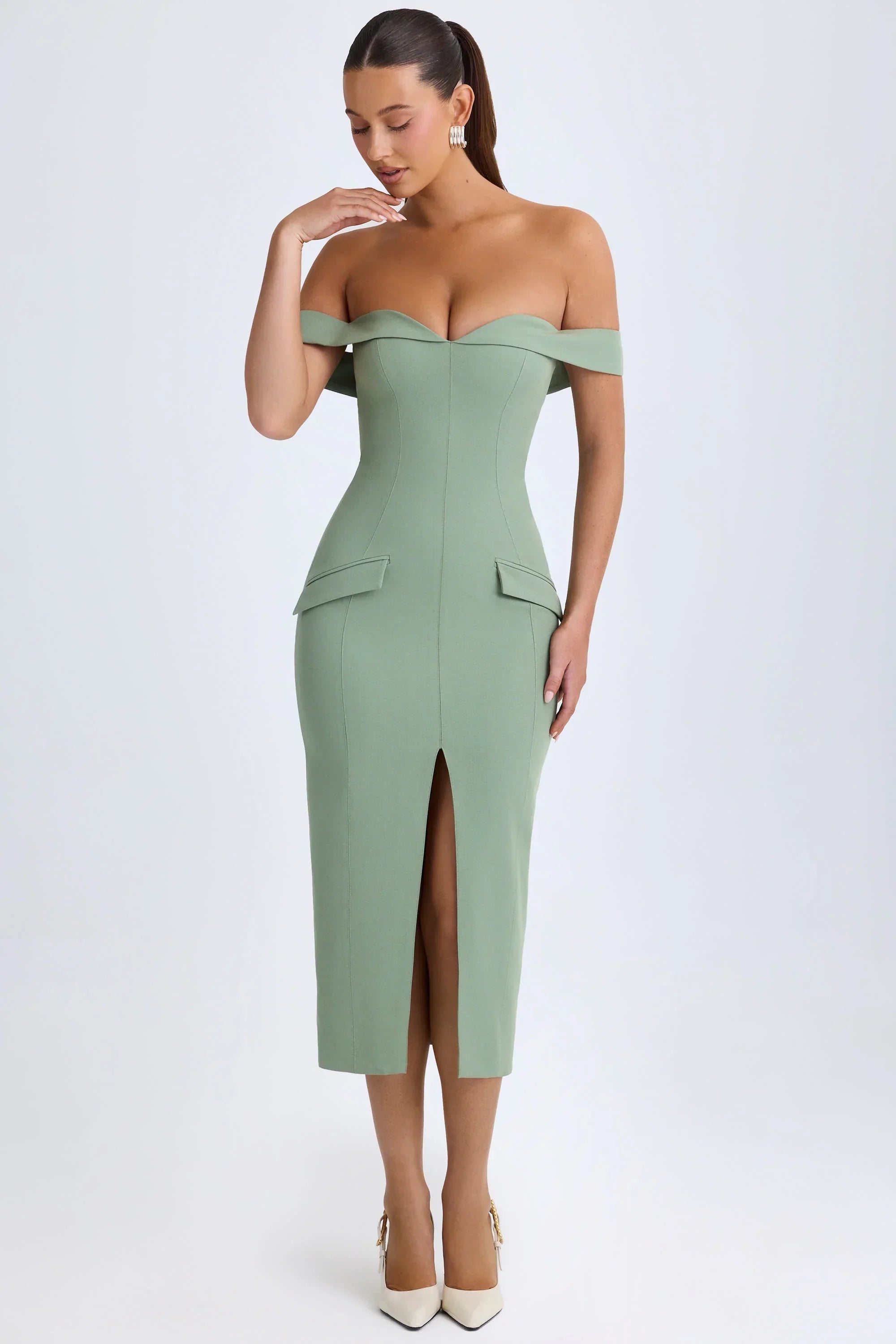 Off Shoulder Midaxi Dress in Khaki Green